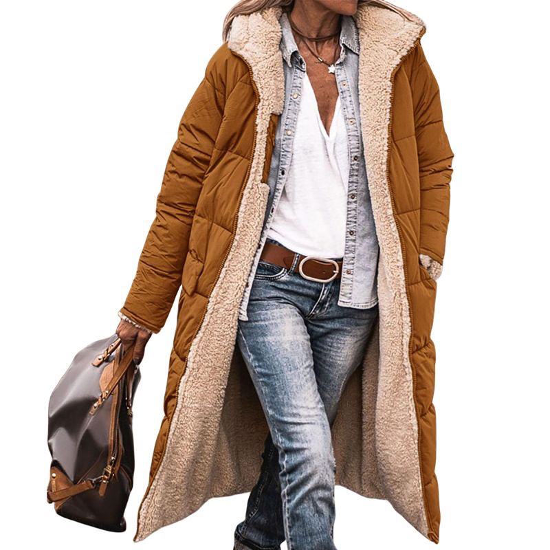 Manteau d'hiver chaud à capuche pour femme avec bordure en fausse fourrure – Veste matelassée élégante coupe trapèze pour temps froid_voghion.com