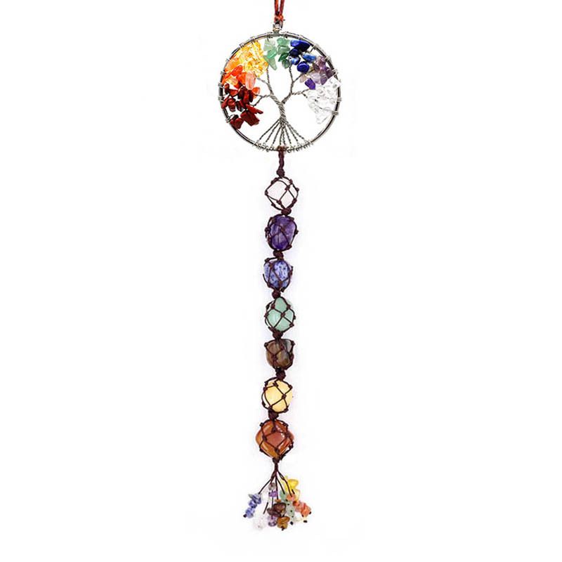 Handwoven 7-Color Crystal Gemstone Tree Of Life Car Hanging Ornament, Dreamcatcher Pendant, Boho Home Decor, Natural Stone Beaded Charm_voghion.com