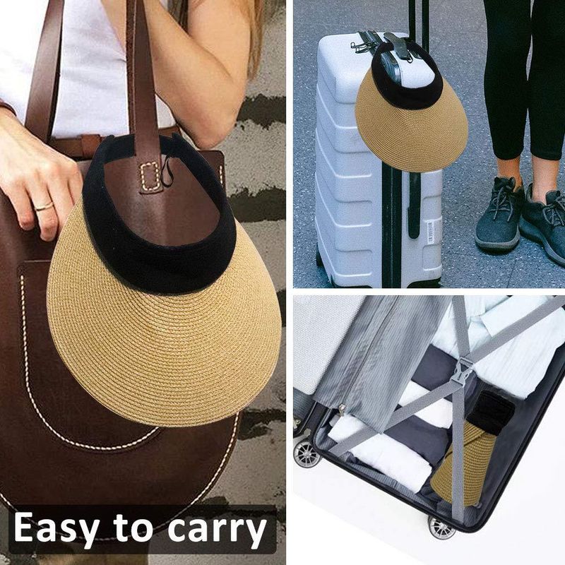 BABAHU Outdoor Women's Grass Weaving Sunshade Hat with Wide Brim Summer Empty Top Sun Hat Ponytail Braid Beach Hat Foldable_voghion.com