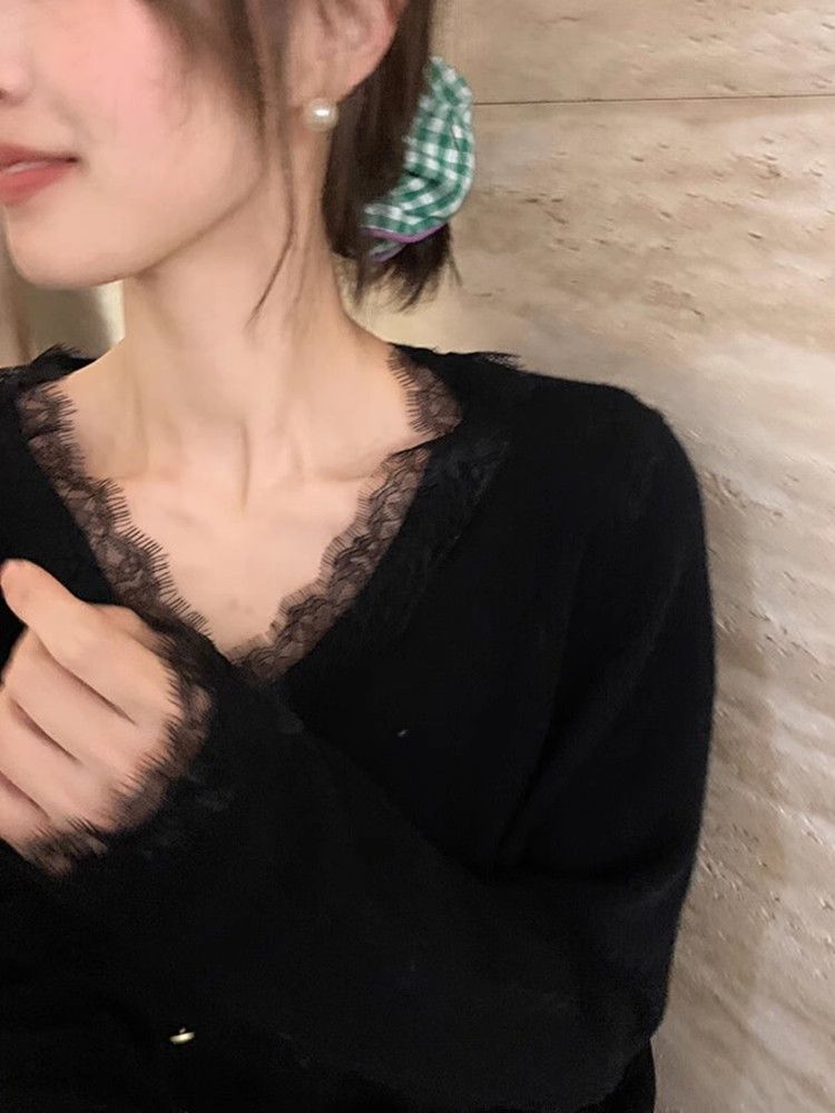 Maglietta da donna in maglia con scollo a V in pizzo francese, vestibilità ampia, elegante maglione nero in lana, strato interno, top Pure Desire per_voghion.com