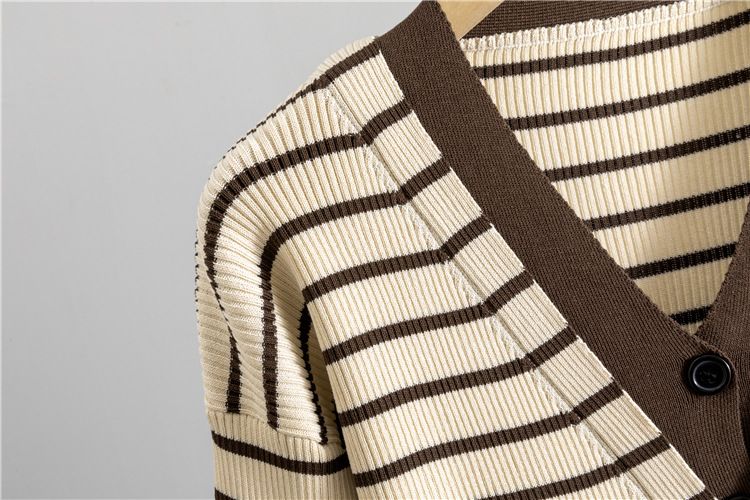 Women's Clothing spring new suits for women, contrasting stripes, double V neck knitted cardigan tops, wide leg pants, two piece suit_voghion.com