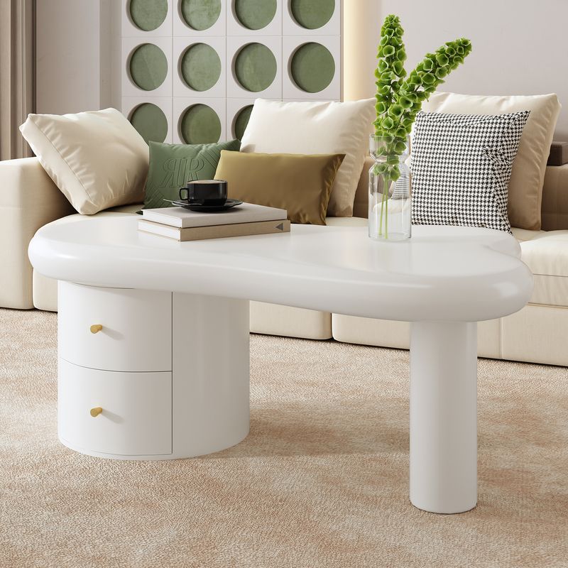 Table basse blanche moderne de forme irrégulière avec 2 tiroirs, design compact et élégant, robuste et pratique pour le salon et une utilisation polyvalente._voghion.com