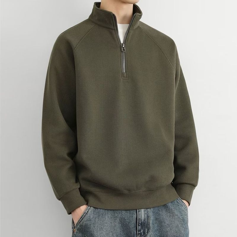 Felpa in pile minimalista con mezza zip - Pullover pesante e testurizzato con collo alto per uomo_voghion.com