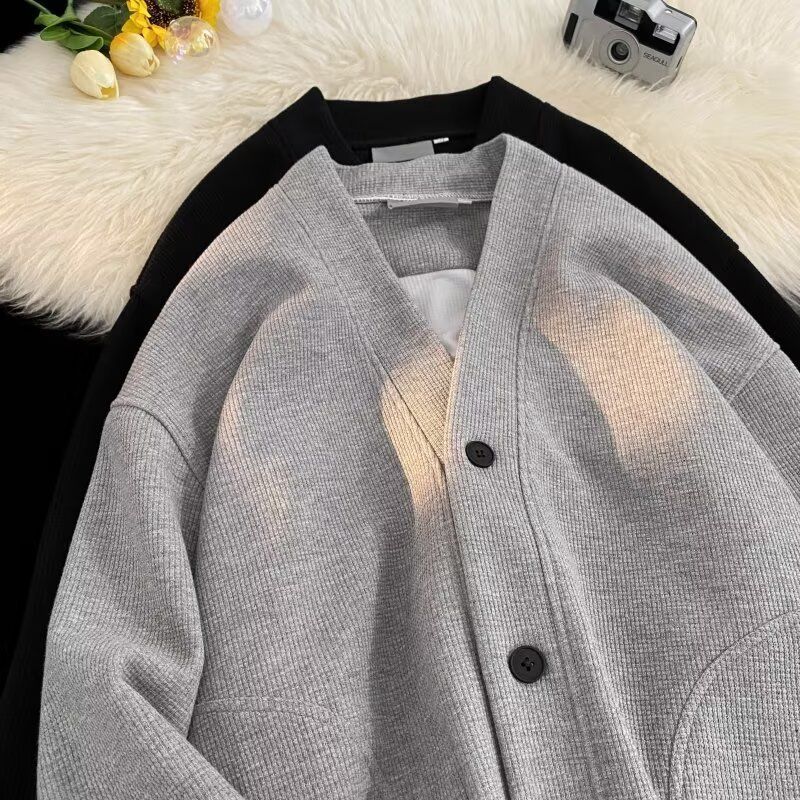 Autumn Winter New American Style Knitted Sweater Men's Loose V-Neck Cardigan Sweatshirt Trendy Casual Jacket Men_voghion.com