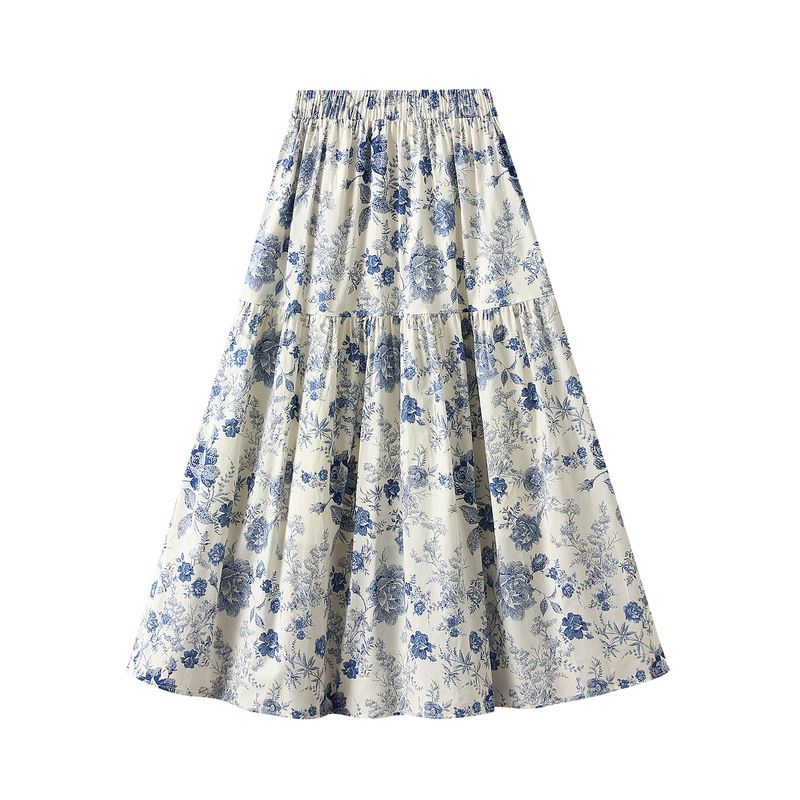 Gonna midi a vita alta con drappeggio floreale per donna; gonna a trapezio; abito lungo._voghion.com