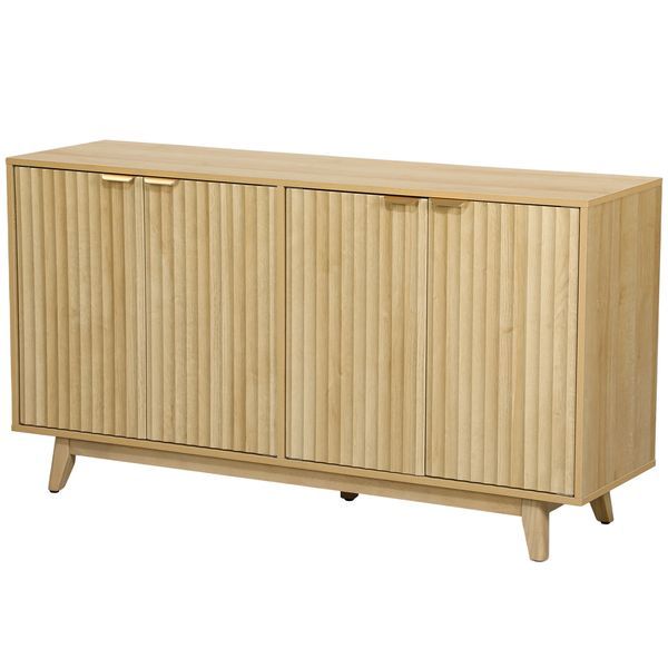 HOMCOM Fluted Sideboard Buffet Cabinet, 55' Coffee Bar Cabinet With 4 Doors, 2 Adjustable Shelves, 5 Wood Legs, Nature Wood_voghion.com