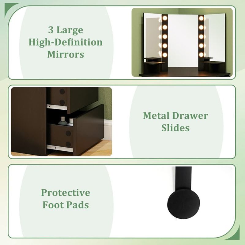 Corner Vanity Desk With 3-Color LED Lighted Mirror And Power Outlet_voghion.com