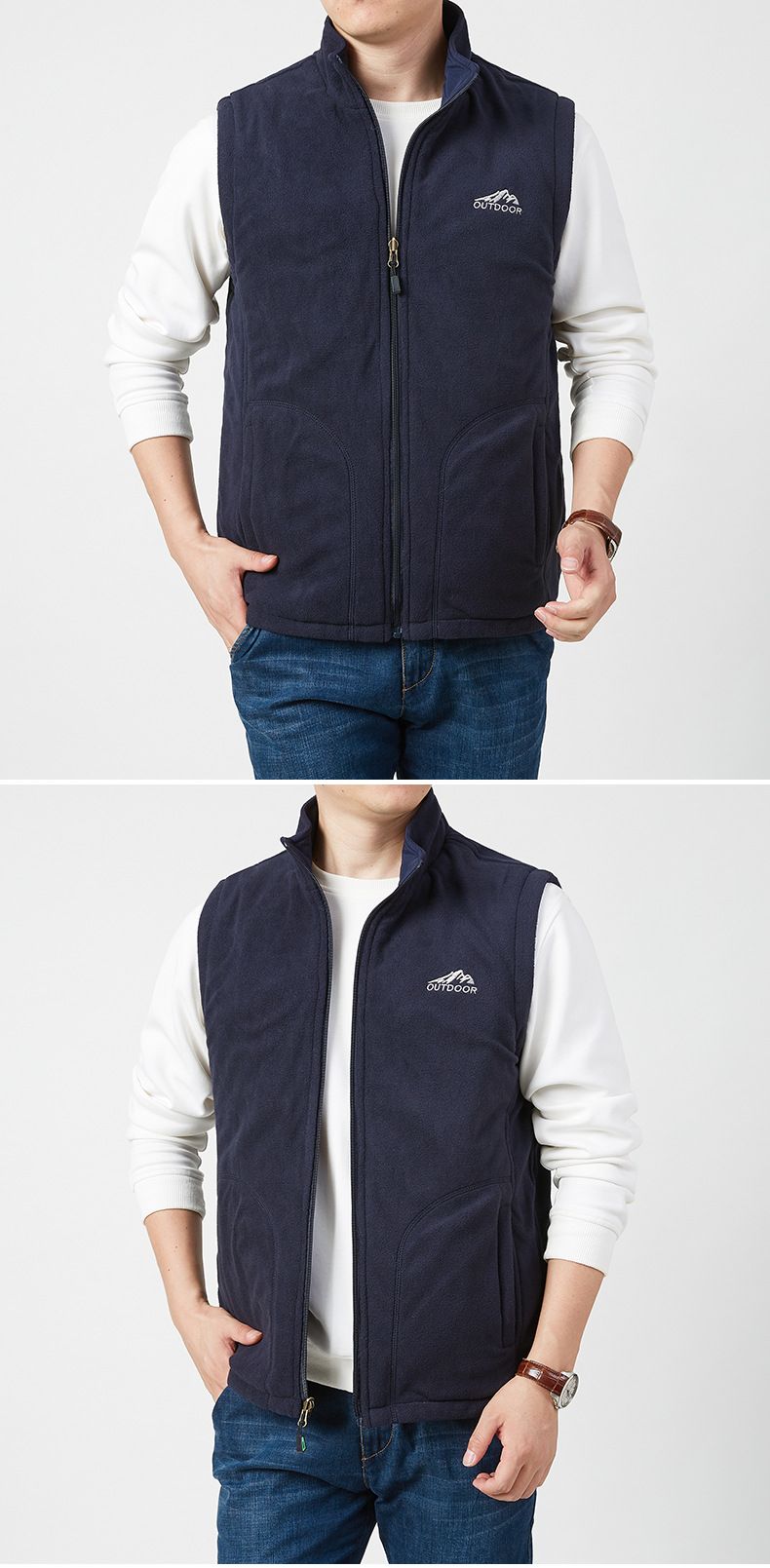 Colete reversível de lã polar para homem – Jaqueta puffer sem mangas quente de inverno com gola alta e vários bolsos (M-5XL)_voghion.com