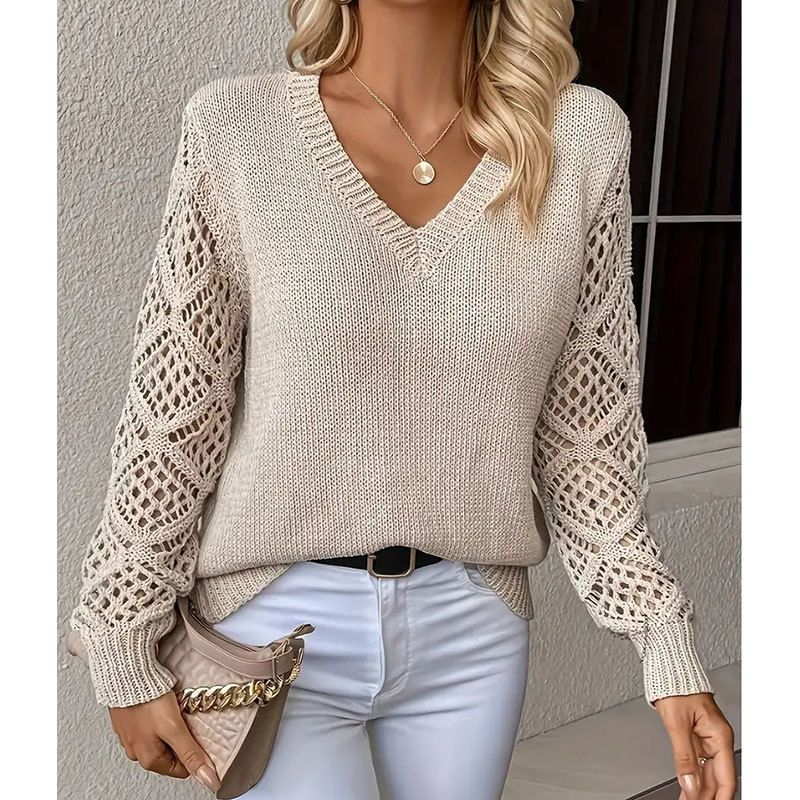 Zahmetsiz V Yakalı Kadın Dantel Örgü Üst - Nefes Alabilen Akrilik Kazak, Günlük ve Ofis Şıklığı, S/M/L/XL (Bej, Siyah, Krem)_voghion.com