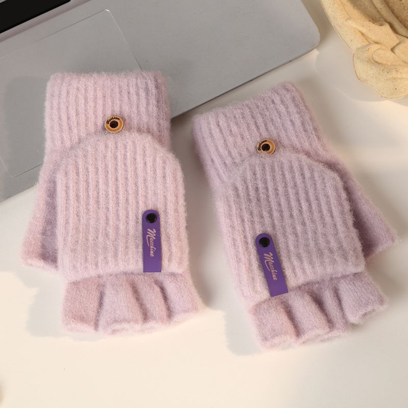 001 Winter Solid Color Wool Warm Outdoor Skiing Cold-Proof Flip Thickened Cute Knitted Fingerless Gloves_voghion.com