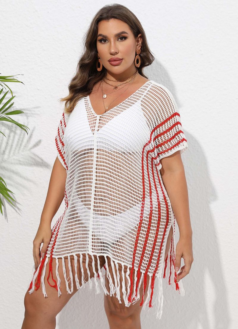 Chemisier de vacances pour femmes, grande taille, rayé, coutures contrastées, robe de plage, bikini, vêtements d'extérieur_voghion.com