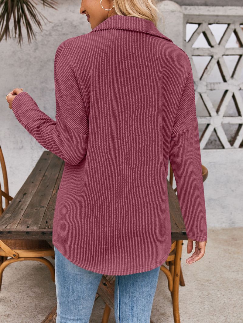 Damenbekleidung neue gestreifte Kontrastfarbe Tasche Langarm Shirt Strickjacke_voghion.com
