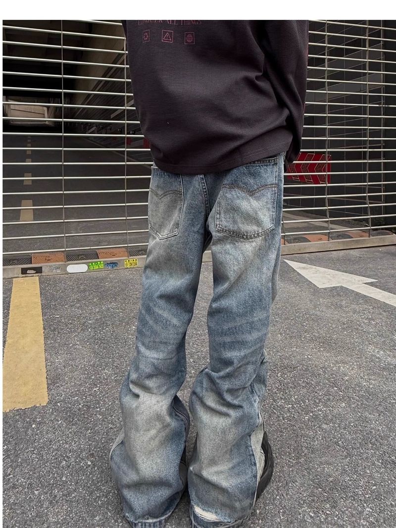 Herrkläder Amerikanska dekonstruerade sömmar Dubbla midja förstörda jeans för män Raka slanka utsvängda Cleanfit-byxor_voghion.com