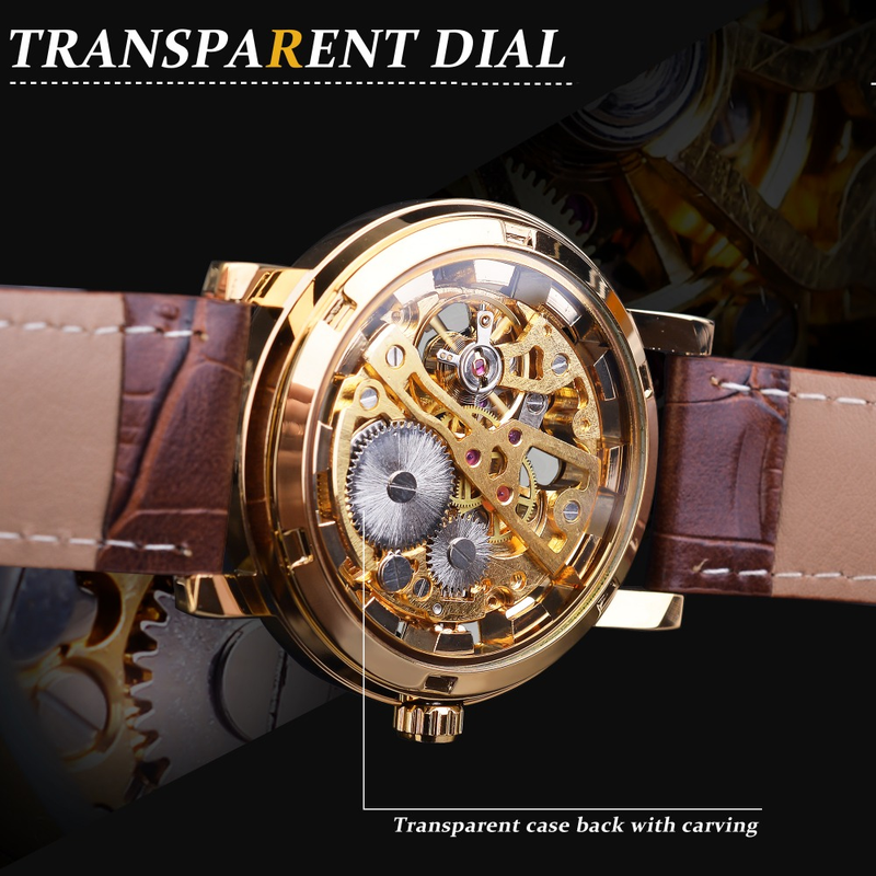 Winner, orologio da uomo con cassa dorata trasparente, design casual, cinturino in pelle marrone, orologio meccanico di lusso_voghion.com