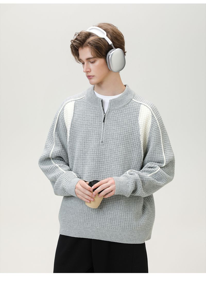 Maglione da uomo in maglia scamosciata sintetica color-block – Pullover termico con mezza zip e trama a griglia (M-XXL, grigio kaki/grigio ghiaccio/blu navy)_voghion.com