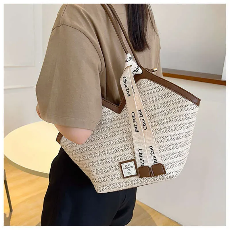 Bolso tote de paja de diseño playero, bolso de hombro de gran capacidad para mujer, ideal para el verano -_voghion.com