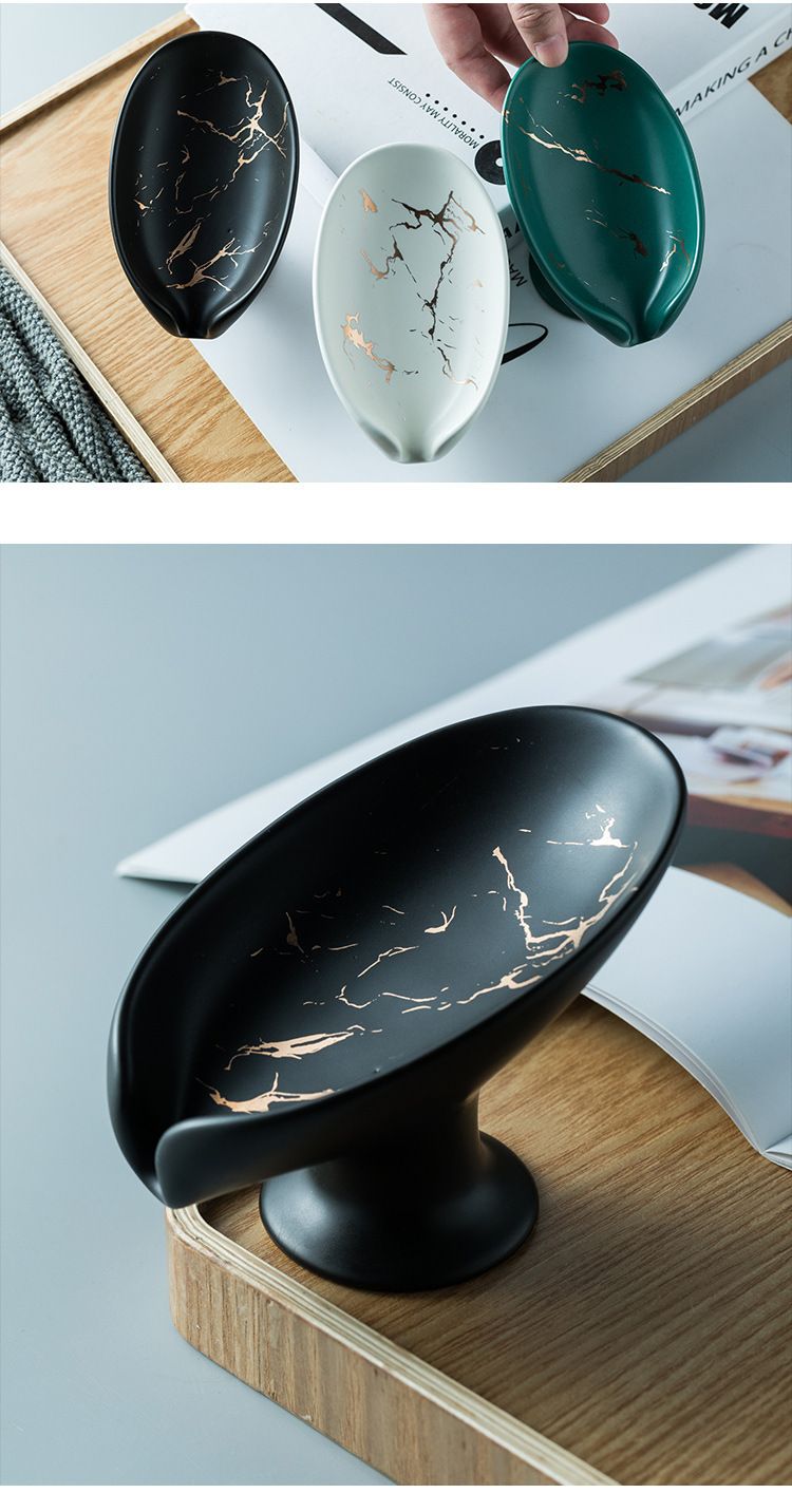 Ceramic Soap Dish With Drainage – Marble-Patterned Non-Slip Soap Tray – Elegant Matte Finish For Home & Hotel Bathrooms (Black/White/Green)_voghion.com