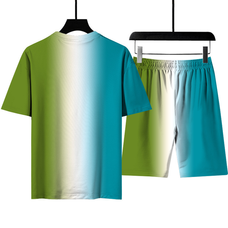 Set sottile a maniche corte stile spiaggia casual da uomo e da donna estivo con stampa digitale in colori sfumati_voghion.com