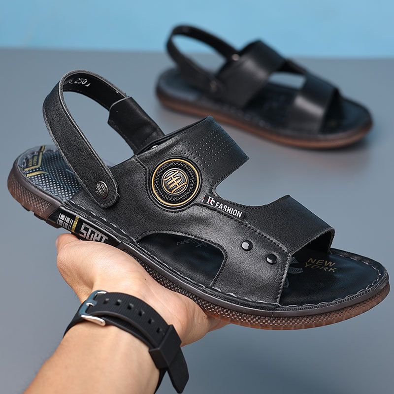 Herrenschuhe, Sommersandalen, trendiger Stil, Strandschuhe aus Leder für den Außenbereich, rutschfest, für Herren, zum Fahren, mit weicher Sohle_voghion.com