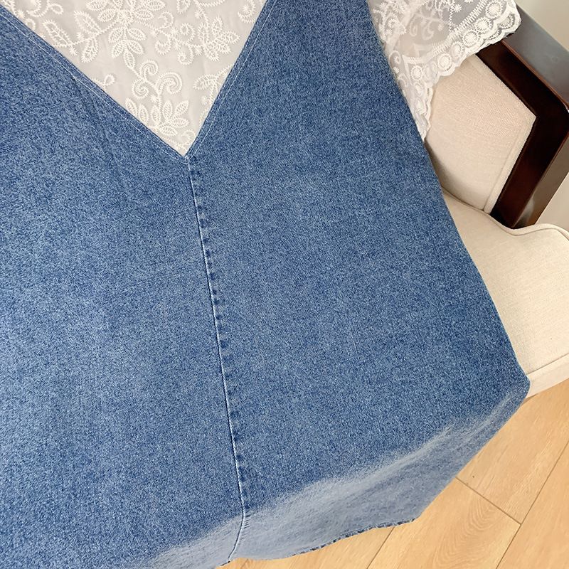 Abbigliamento da donna taglie forti, abito in denim con scollo a V e cuciture in pizzo XX2522_voghion.com