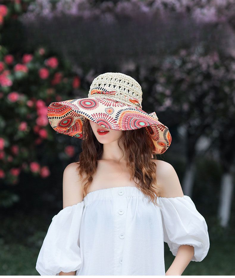 Vielseitiger Strohschutzhut für Damen, breite Krempe, koreanischer Stil, für Urlaub und Reisen, Sonnenschutz_voghion.com