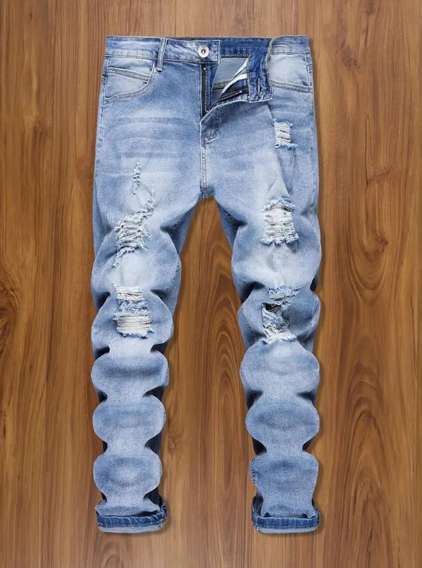 Men's Clothing Casual Youth Trousers Non Elastic Mid Waist Slim Fit Ripped Skinny Jeans_voghion.com