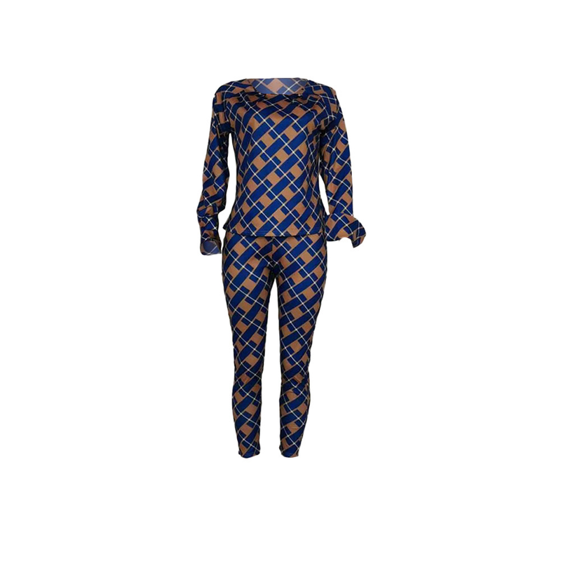 Explosieve losse blouse met lange mouwen en geruite broek, tweedelige set_voghion.com