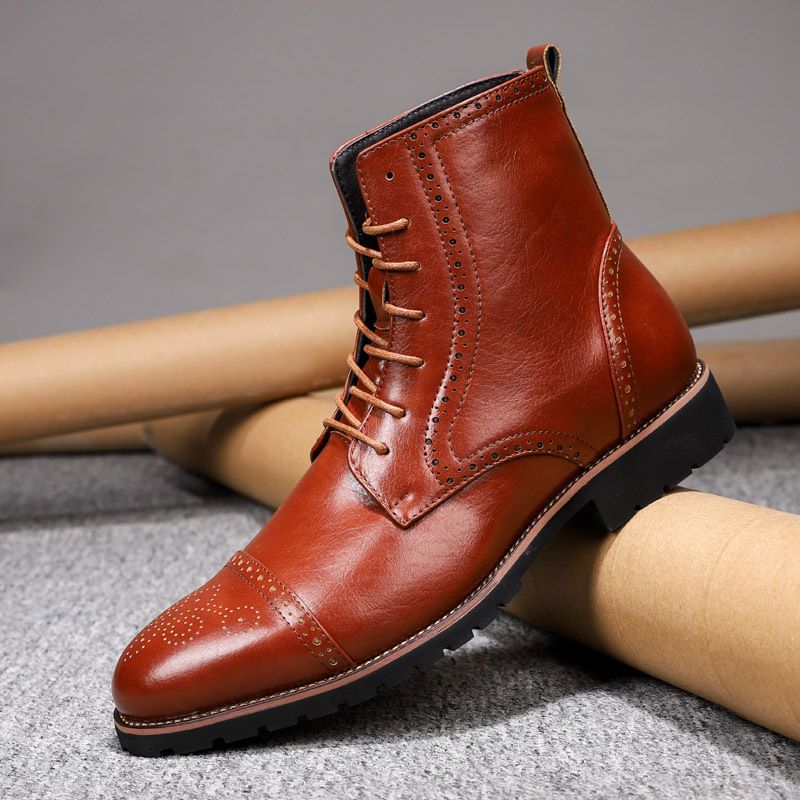 Unbeatable Quality Men's Shoes, Block High Top Lace Up Martin Boots, Carved Lacquer Surface, Pointed Toe, Oversized Autumn And Winter_voghion.com