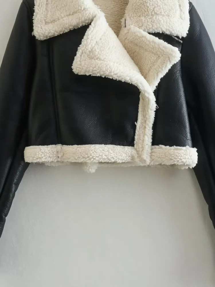 KLKXMYT TRAF kobiety 2023 moda gruby ciepły sztuczny shearling krótka kurtka płaszcz Vintage z długim rękawem zamek damska odzież wierzchnia_voghion.com