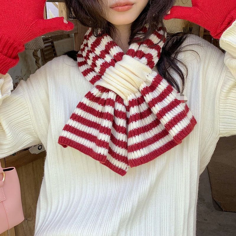 Sciarpa lavorata a maglia spessa decorativa versatile in stile coreano, stile autunno inverno, da donna, a righe incrociate in lana_voghion.com