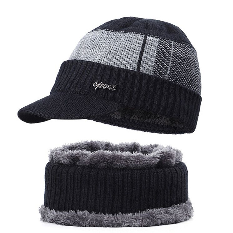 e sciarpa set berretto lavorato a maglia caldo foderato in pile moda invernale da uomo stile coreano scaldacollo cappello di cotone_voghion.com