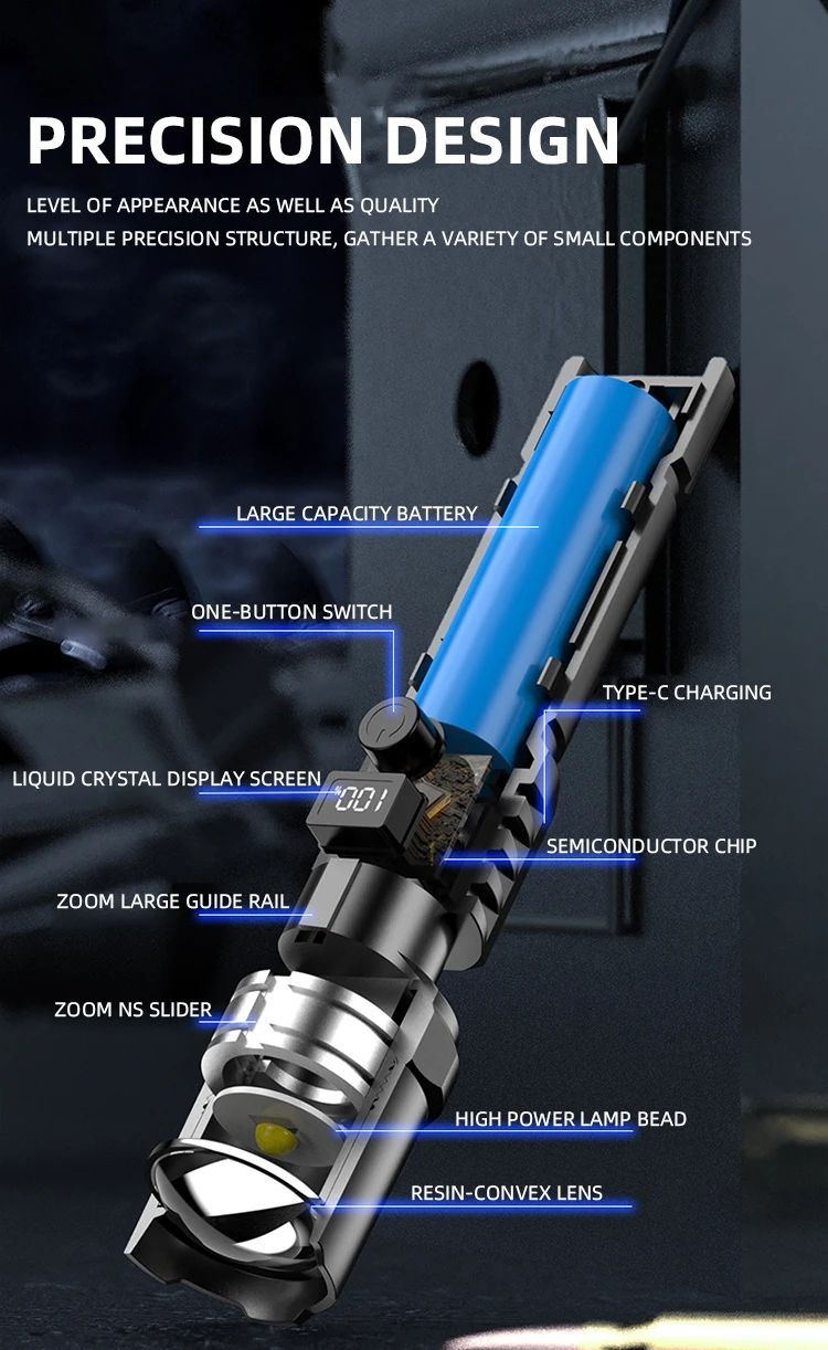 High Power XHP100 LED Flashlight Rechargeable Retractable_voghion.com