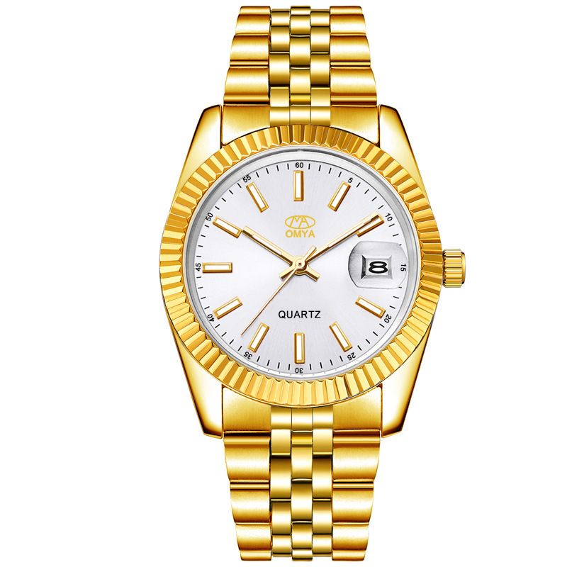 Reloj de cuarzo para hombre, resistente al agua, con calendario y correa dorada para mujer_voghion.com