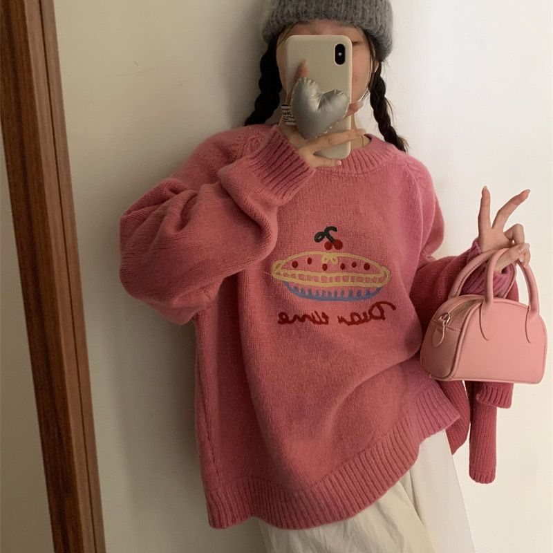 Winter New Gentle Cake Round Neck Embroidered Korean Version Cartoon Age-Reducing Versatile Knitted Sweater For Women_voghion.com