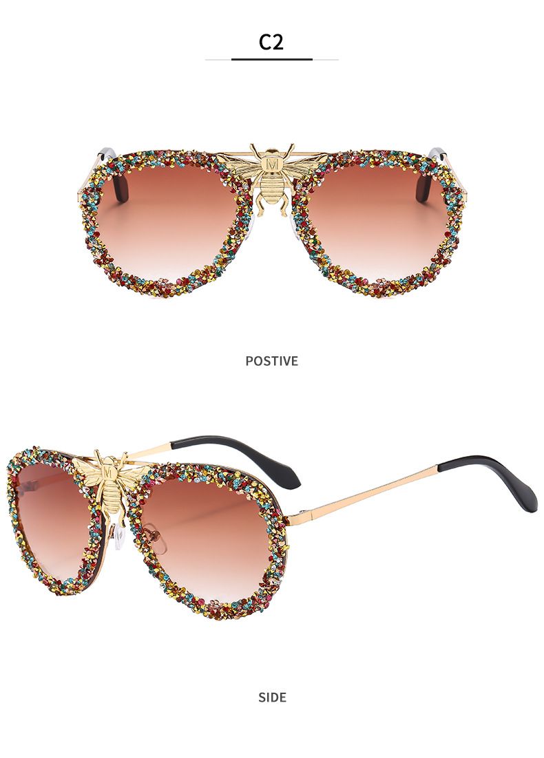 Europäische und amerikanische Persönlichkeit Bee Net Red Sonnenbrille mit Diamanten eingelegt Retro Metall Mode Große Rahmen Sonnenbrille Weibliche Ins Trend Cross Border_voghion.com