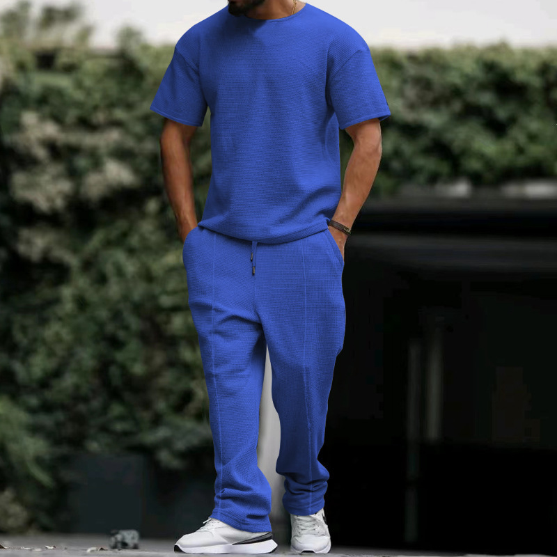 men's short-sleeved trousers suit heavyweight waffle oversize large size round neck casual suit_voghion.com