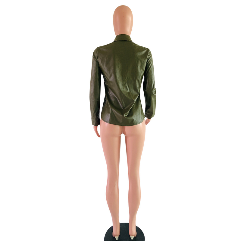 Maglietta a maniche lunghe in PU casual alla moda da donna_voghion.com