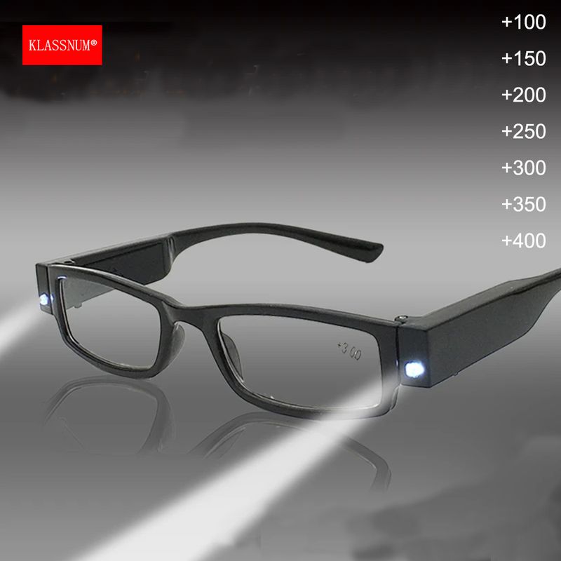 Neu eingetroffen KLASSNUM Lupenbrille für Männer mit LED-Licht für Frauen, Leselupe, Nachtsichtbrille, Presbyopie-Brille, Dioptrien +1- +4_voghion.com