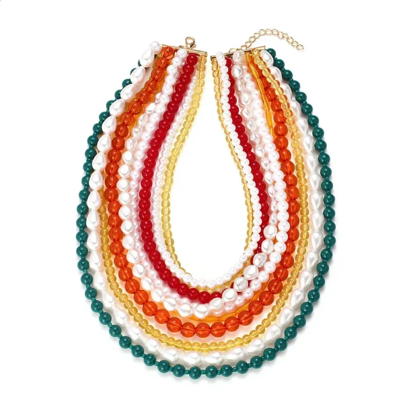 Collier ras du cou en perles multicolores pour femme, style bohème, à plusieurs rangs et pompons (réf. 240813)_voghion.com