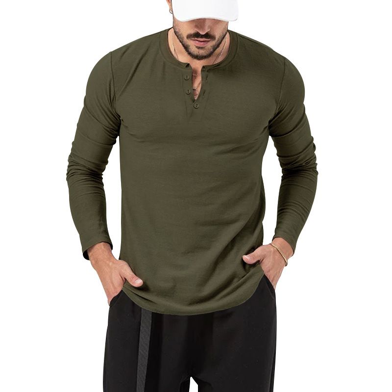 Unschlagbare Qualität 2025 Langarm-T-Shirt Rundhalsausschnitt Einfarbig Button-Down Henley Casual Sports Base Shirt Herrenbekleidung_voghion.com