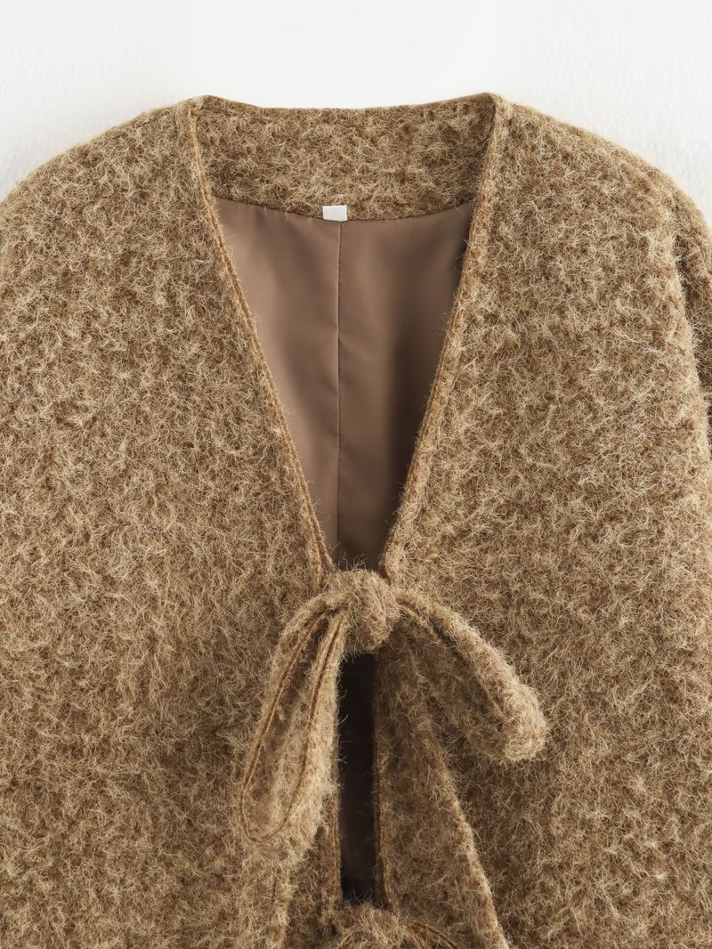 Oversized Wollmantel mit V-Ausschnitt und Gürtel – Street Style Longline Duster in Dunkelbraun & Silbergrau (S-L)_voghion.com