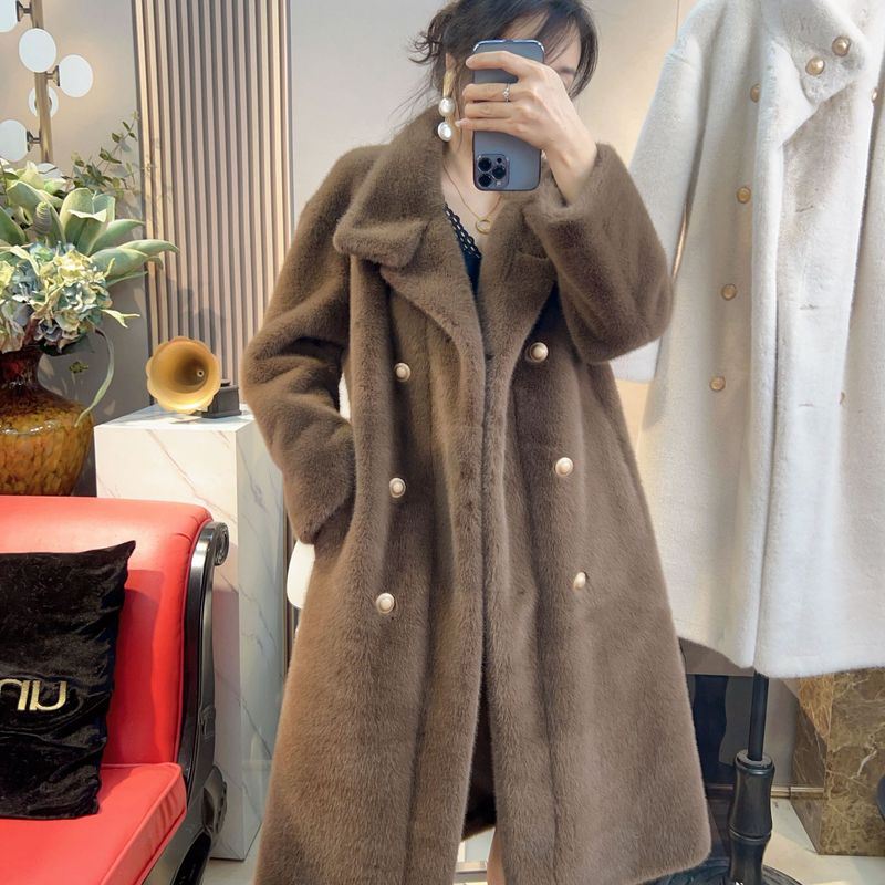 Abrigo largo de piel sintética premium para mujer: forro polar grueso, cuello alto, elegante y cálido para el invierno._voghion.com