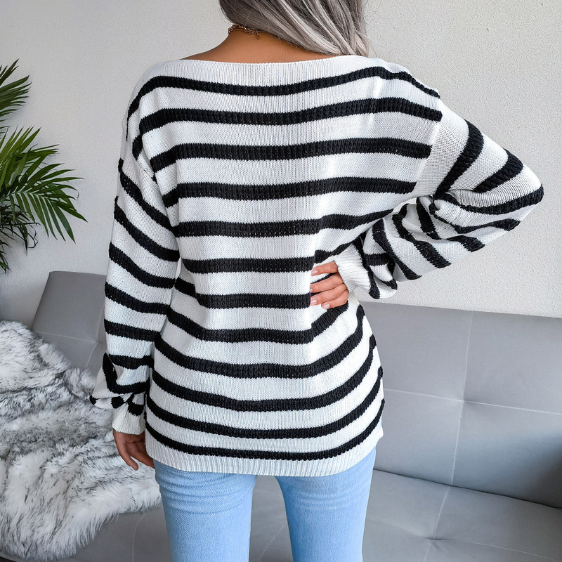 Autumn And Winter Off-Shoulder Casual Loose Striped Knitted Sweater Women's Fashion_voghion.com