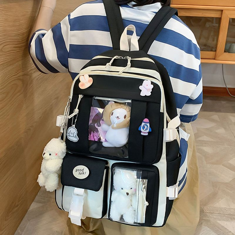 Lihao 5Pcs/Set Student Backpack Adjustable Straps Korean Style Canvas Bookbag Messenger Bag Pencil Case for School-Green_voghion.com