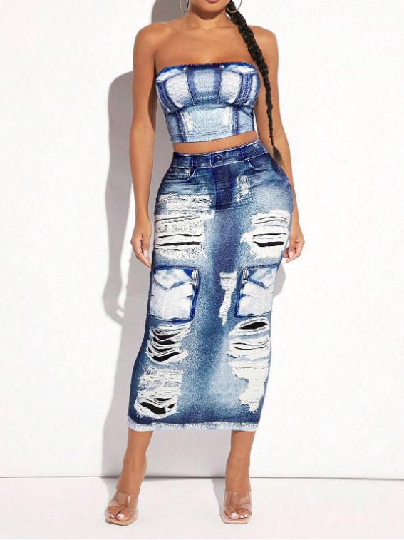 Zweiteiliges Set aus Tube-Top, halblangem Rock, sexy und modischem Damenanzug mit Jeansdruck_voghion.com