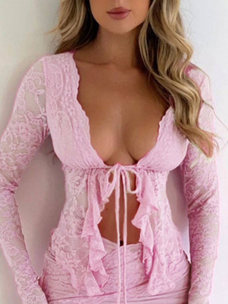 Cardigan a maniche lunghe in pizzo traforato per donna - Top aperto sul davanti con dettagli annodati e ricami floreali_voghion.com