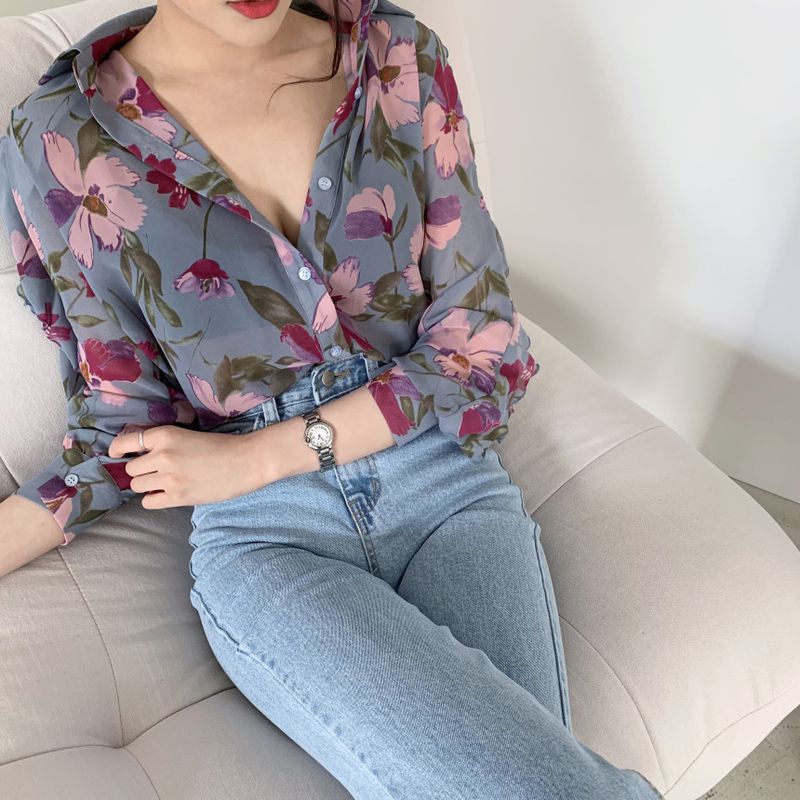 2024 spring/summer floral chiffon women's slim fit, simple and stylish long sleeved design_voghion.com