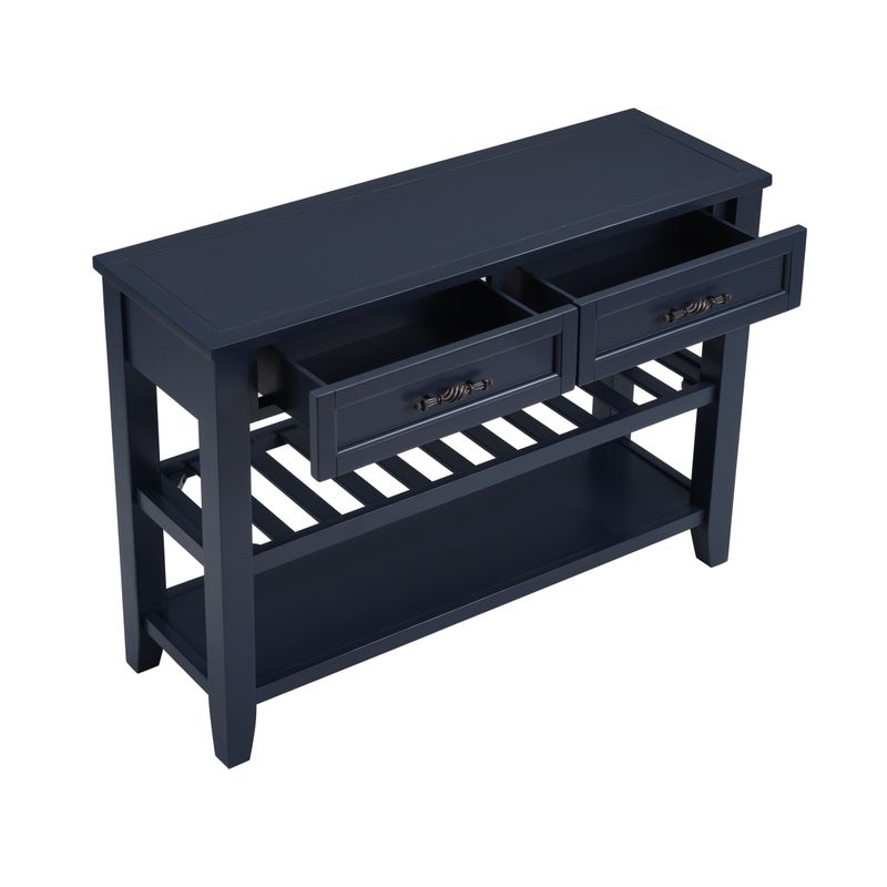 Retro Design Console Table With Two Open Shelves, Pine Solid Wood Frame And Legs For Living Room_voghion.com