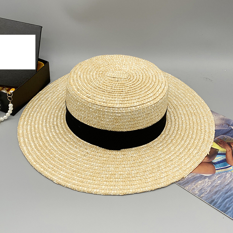 Summer straw braid warp braided monochrome sunshade female flat top big brimmed straw hat travel trip patting hat_voghion.com