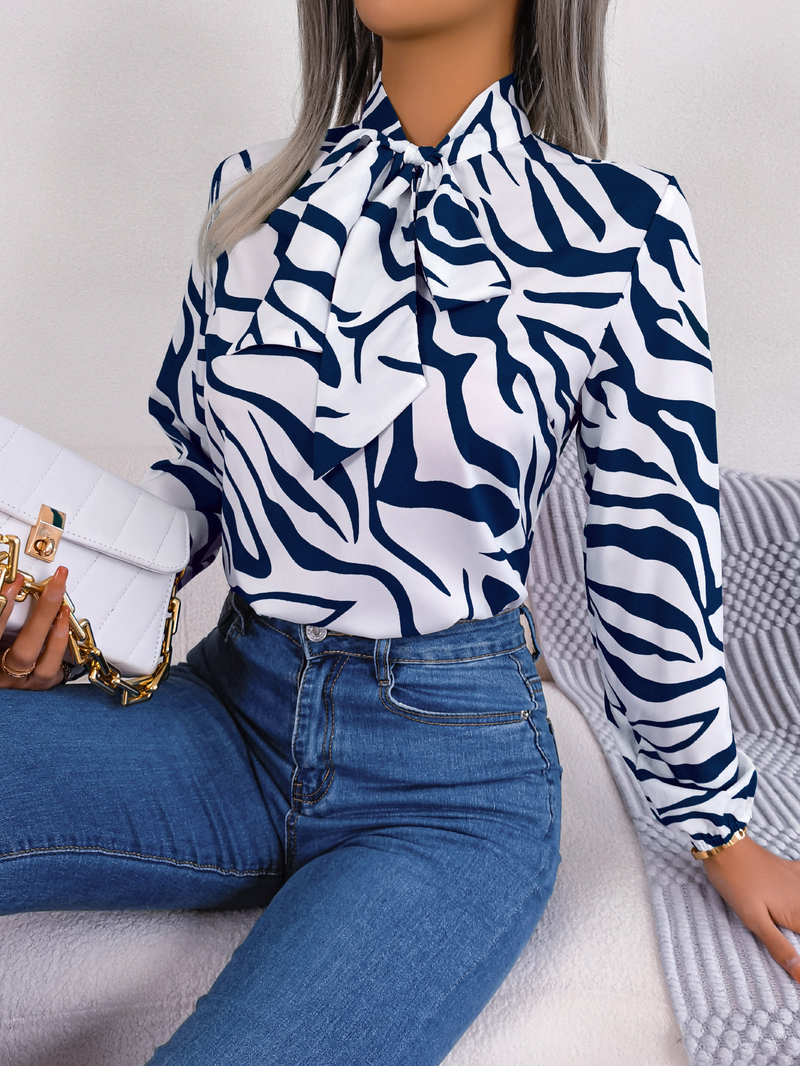 Blusa feminina com decote em v manga comprida estampa listrada casual solta camisa de trabalho elegante blusa de negócios_voghion.com